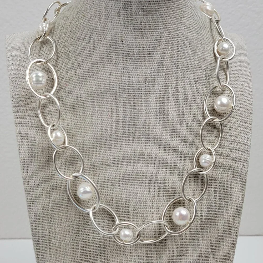 Karine Sultan Floating Pearl Necklace Silver-Tone Geometric Link 19 Inch Toggle
